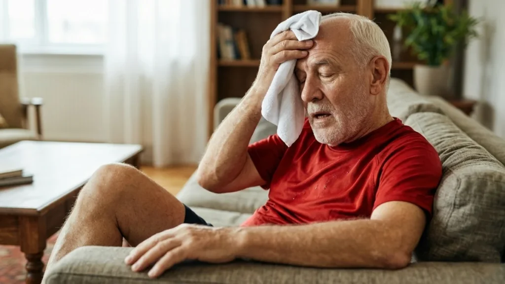 Older man in workout clothes sitting on couch wiping sweat from forehead after exercise, looking exhausted during rest day.