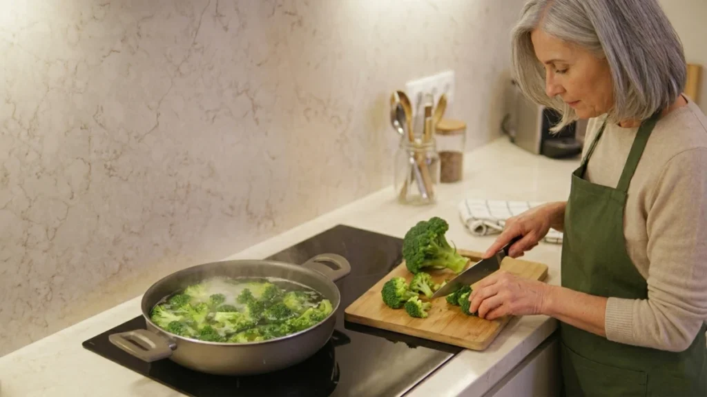 Slicing raw broccoli next to a steaming basket to soften cell walls and reduce foods that cause bloating in women over 50.