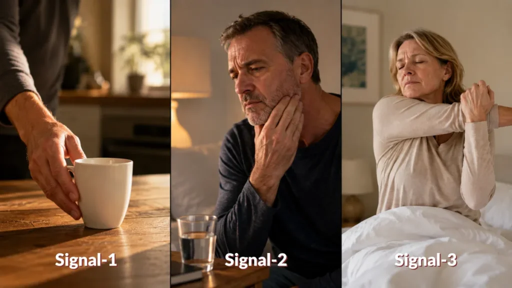 Three-panel vertical collage of mature adults displaying morning symptoms like energy crashes, jaw tension, and waking joint stiffness.