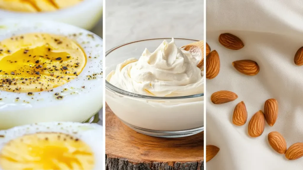 Three-panel vertical food collage of high-protein breakfast items including hard-boiled eggs, thick Greek yogurt, and raw almonds, arranged to help readers plan a morning protein reset.
