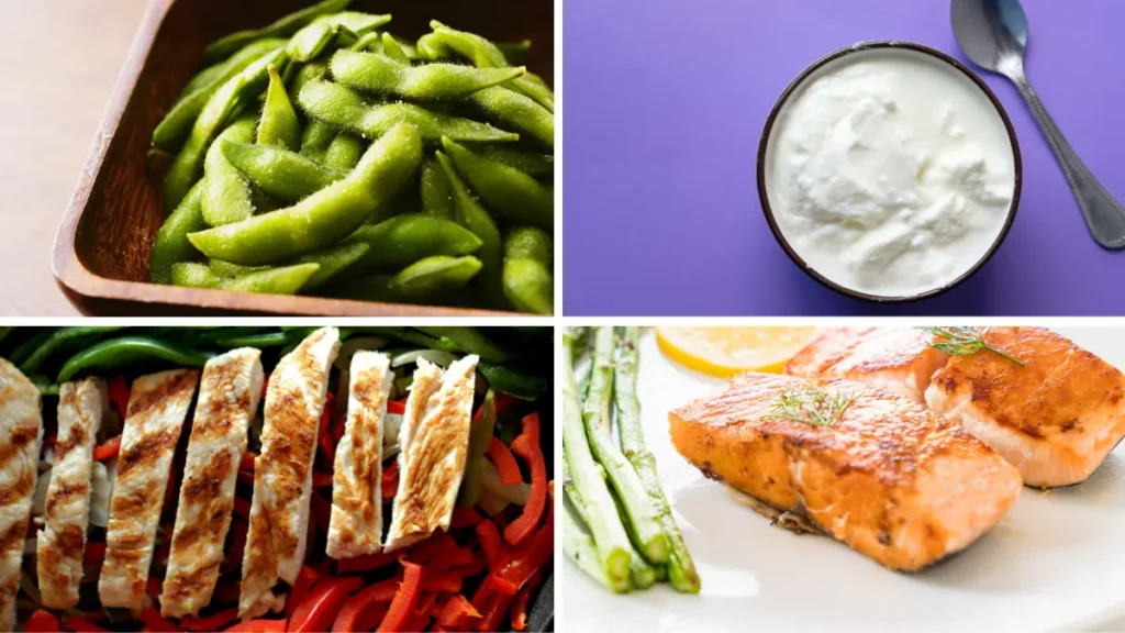 Four-panel grid collage of leucine-rich dietary sources showing edamame, Greek yogurt, grilled chicken, and cooked salmon, arranged to help readers identify the highest-impact whole foods to combat anabolic resistance.