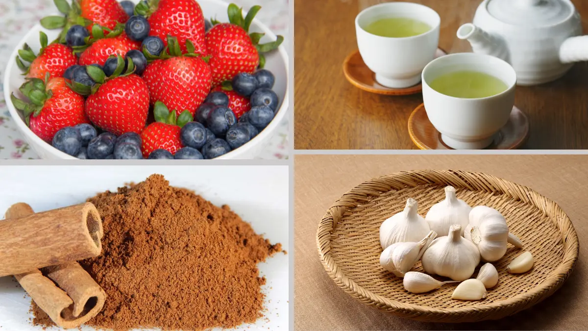 Four-panel collage of anti-glycation foods including blueberries, cinnamon, green tea, and garlic arranged to help readers identify the most evidence-supported dietary choices for slowing skin glycation after 50.