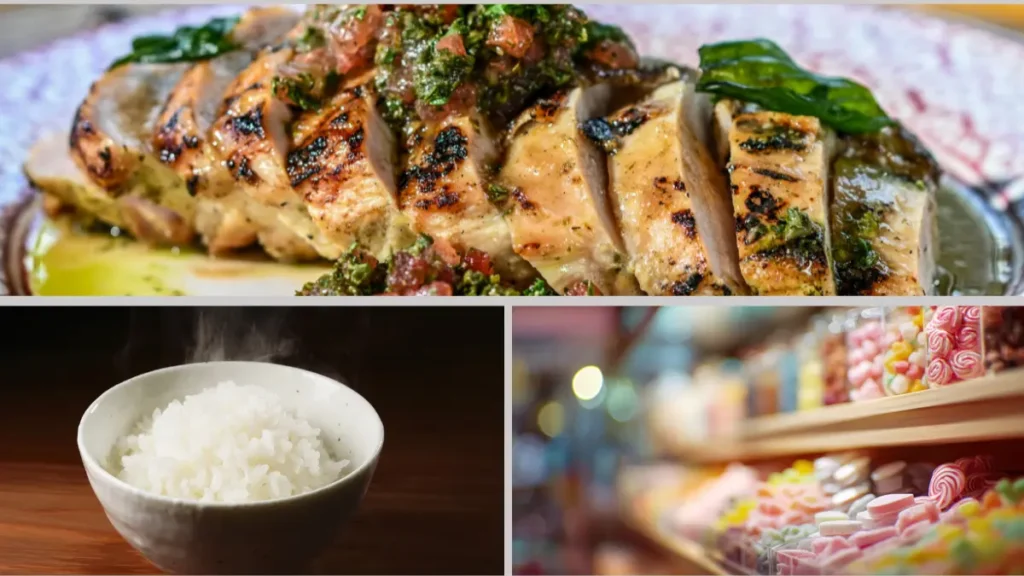 Three-panel collage of high-glycation foods including grilled chicken with char marks, white rice, and sugary confections, showing the everyday dietary sources that accelerate AGE formation and skin aging after 50.