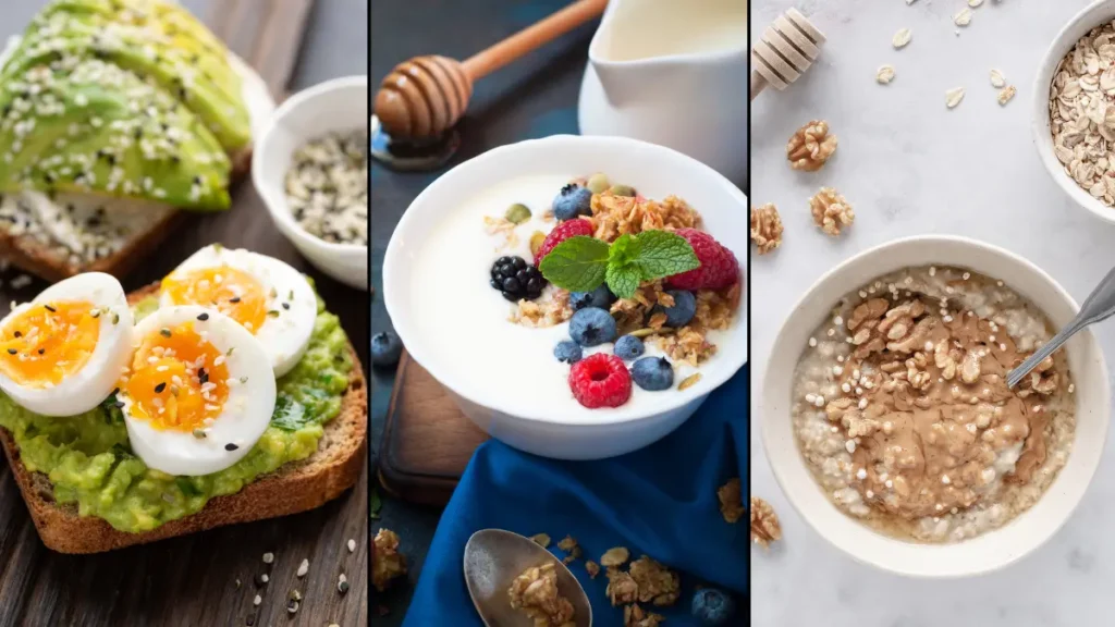 Three-panel collage of balanced morning meals showing eggs on toast, yogurt with berries, and protein-fortified oatmeal, arranged to help readers pair fiber with carbohydrates to prevent blood sugar spikes.