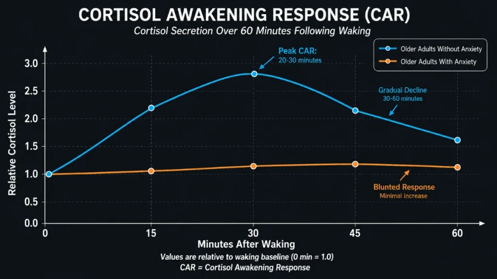 Line chart comparing the cortisol awakening response over 60 minutes post-waking in older adults without anxiety, who show a sharp rise peaking between 20 and 30 minutes, versus older adults with anxiety, who show a blunted, near-flat cortisol output across the same window.