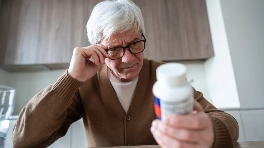Senior man reading a supplement label to identify the magnesium form, focusing on ingredient details.