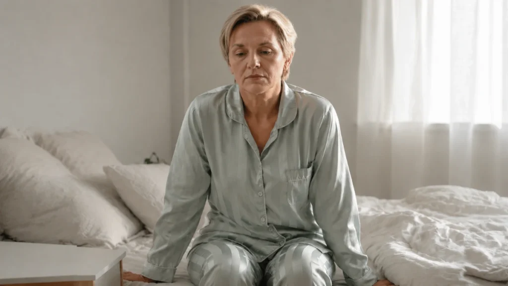 Mature woman sitting on the edge of her bed in the early morning looking thoughtful as she experiences waking up with anxiety after 50.