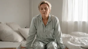 Mature woman sitting on the edge of her bed in the early morning looking thoughtful as she experiences waking up with anxiety after 50.