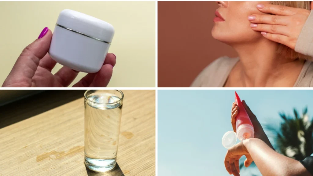 Four-panel square grid collage of an 11-minute morning health routine presenting water hydration, targeted facial massage, and topical cream application, arranged to help readers systematically preserve deep dermal structure.