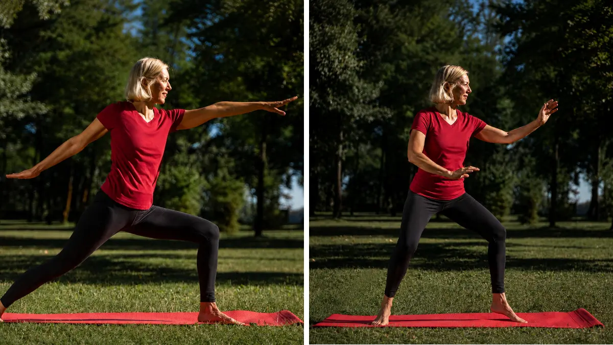 Side-by-side comparison of an older woman practicing yoga and Tai Chi for balance and fall prevention after age 50.