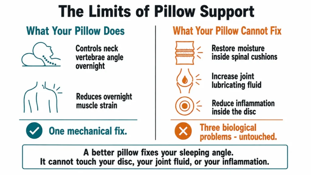 Two-column comparison diagram contrasting what a cervical pillow controls against the disc moisture, joint fluid, and inflammation it cannot fix, with teal and amber columns separated by a center divider.