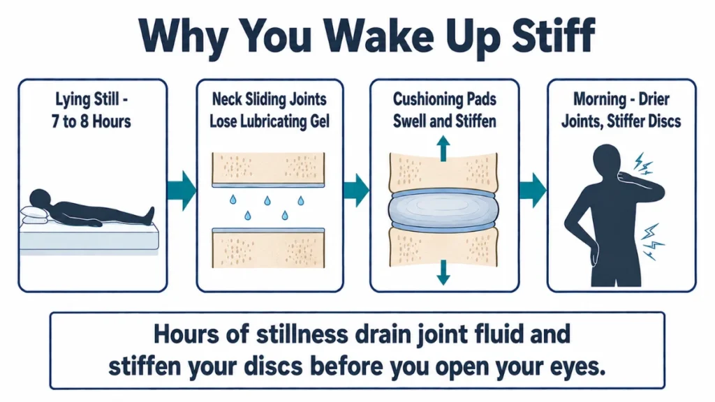 Process diagram of cervical spine changes during overnight stillness showing how joints lose lubricating gel and discs swell and stiffen by morning, with teal flow arrows across four stages.