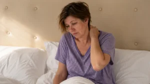 Woman in her 50s waking with morning neck stiffness, head tilted forward with hand pressed to her neck beside an unmade pillow.
