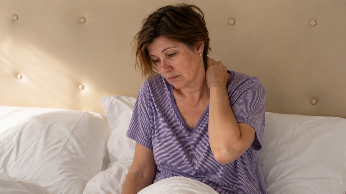 Woman in her 50s waking with morning neck stiffness, head tilted forward with hand pressed to her neck beside an unmade pillow.