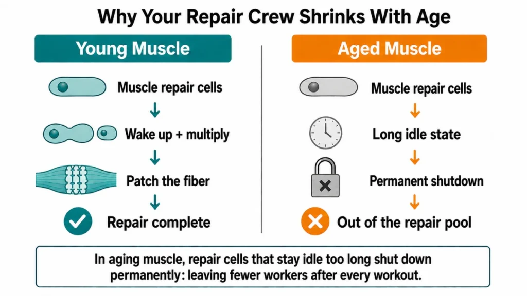 Two-state comparison diagram of young versus aged muscle repair cells demonstrating how prolonged dormancy leads to permanent shutdown, with teal and amber sides separated by a center divider.