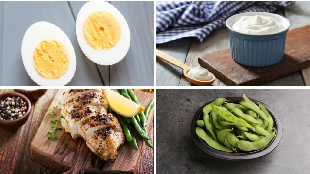Four-panel collage of leucine-rich protein foods including boiled eggs, Greek yogurt, grilled chicken, and edamame arranged to show high-protein meal options for older adults.