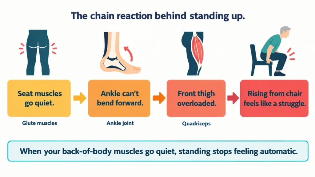 Diagram of posterior chain weakness demonstrating how quiet seat muscles and stiff ankles cascade into difficulty rising from a chair, with left-to-right arrows marking each stage.