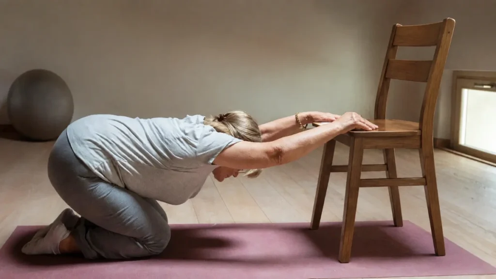 Woman kneeling on a mat using a sturdy chair for support while transitioning safely from seated position to the floor at home.