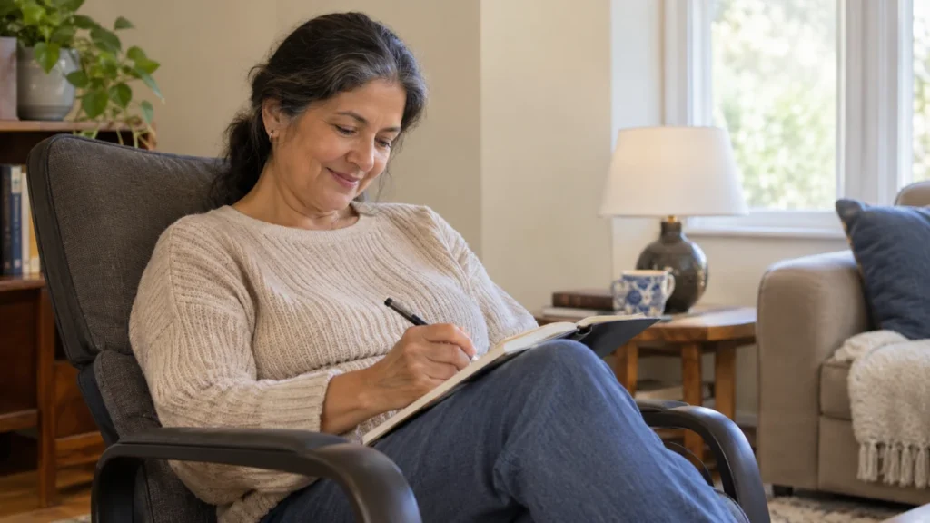 Woman in her 60s writing her sit-to-stand test result in a notebook after completing her home strength routine.