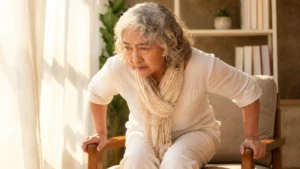 Older woman pressing palms on chair armrests leaning forward to rise in a warm sunlit living room for chair-based exercise.