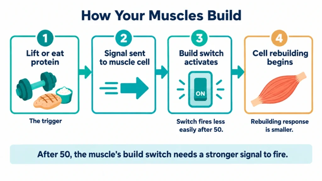 Process diagram of the muscle cell signaling chain demonstrating why the body stops responding to exercise after 50, with the rebuilding stage shown dimmed to indicate reduced activation.