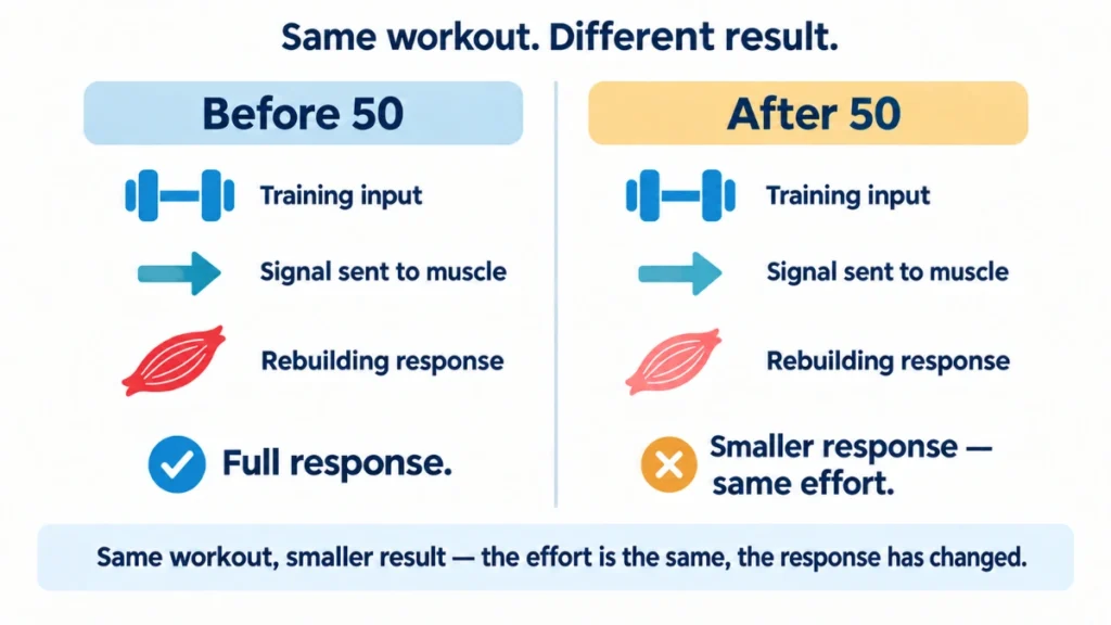 Two-state comparison diagram of muscle adaptation before and after 50 demonstrating how the same training input produces a smaller rebuilding response with age, with check and cross verdict phrases at the bottom of each panel.