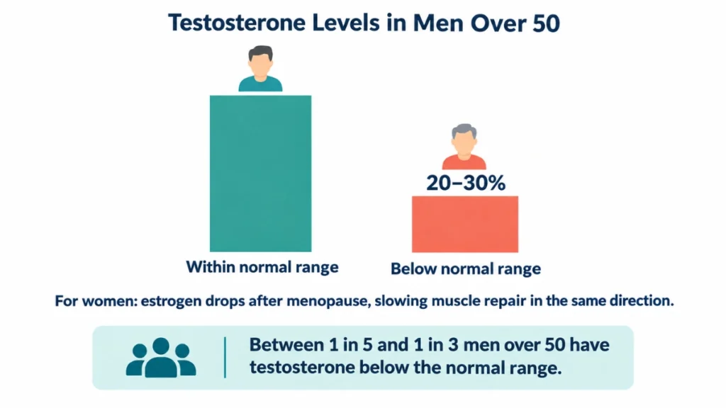 Bar chart of testosterone levels in men over 50 demonstrating that 20 to 30 percent fall below the normal range, with a note on estrogen decline in women shown below the bars.