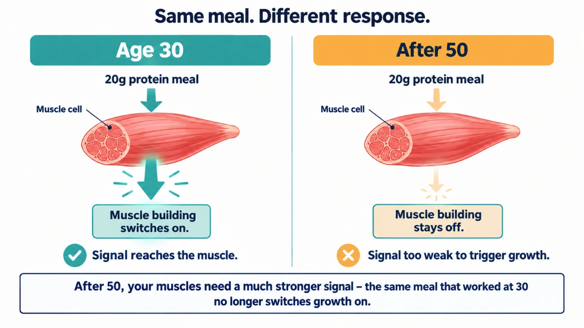 Two-state diagram of muscle protein signalling comparing a strong response at age 30 against a weakened signal after 50, with a teal check and amber cross verdict at the bottom of each panel.