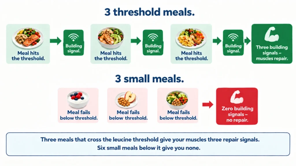 Process flow diagram of leucine threshold meal patterns demonstrating that three threshold meals produce three muscle-building signals while three sub-threshold meals produce none, with green and red rows contrasting the two outcomes.