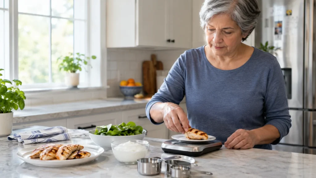 Woman in her 60s weighing grilled chicken on a kitchen scale beside Greek yogurt and greens, portioning her daily protein intake.
