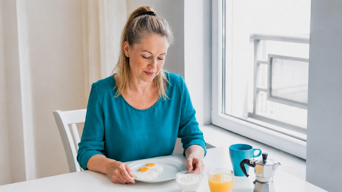 Woman in her 50s looking down at a breakfast plate of eggs with a small yogurt bowl beside it, considering her protein strategy for muscle loss after 50.
