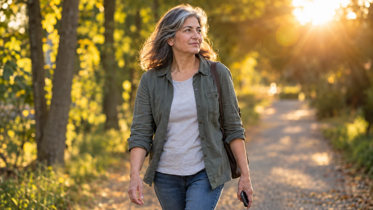 A woman in her late 50s walking along a tree-lined path in warm golden-hour sunlight, holding a phone at her side with a calm and natural expression.