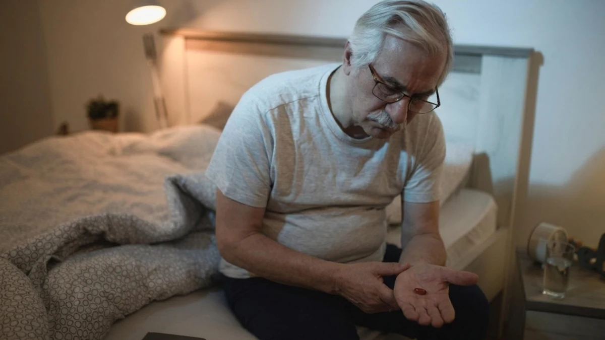 Mature man sitting up in bed at night, looking down with frustration at a small supplement pill in her open palm to manage sleep issues related to melatonin after 50.
