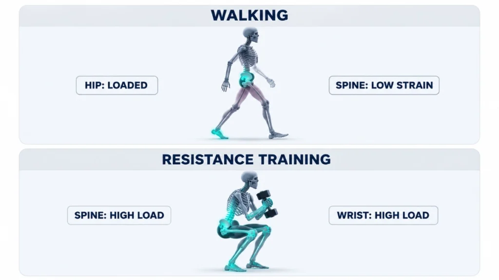 Comparative medical diagram of skeletal force transmission during walking versus dumbbell resistance training demonstrating localized hip strain during walking compared to full skeletal spine and wrist loading during resistance exercises, with stacked container cards, glowing heatmaps, and labeled status badges.