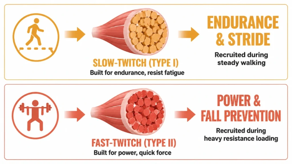Process diagram of muscle fiber recruitment comparing slow-twitch Type I fibers activated during steady walking with fast-twitch Type II fibers activated during heavy resistance loading, displaying muscle bundle cross-sections and functional outcomes for endurance and fall prevention.