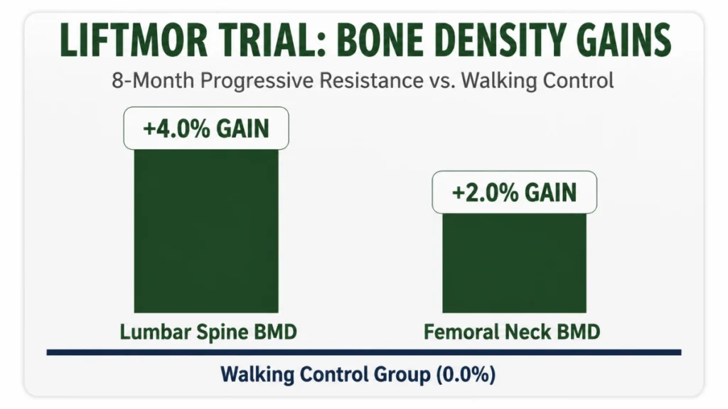 Data comparison chart of LIFTMOR trial bone density outcomes displaying a +4.0% gain at the lumbar spine and a +2.0% gain at the femoral neck from an 8-month progressive resistance intervention relative to a 0.0% walking control baseline.