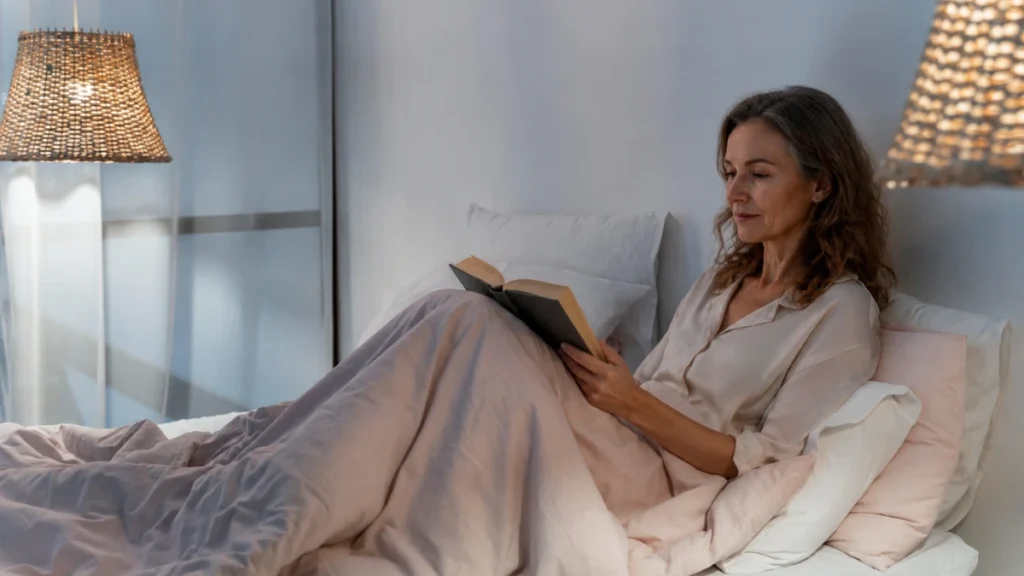 Woman in her 50s reading a book under bright woven lamps while overhead room lights stay on.