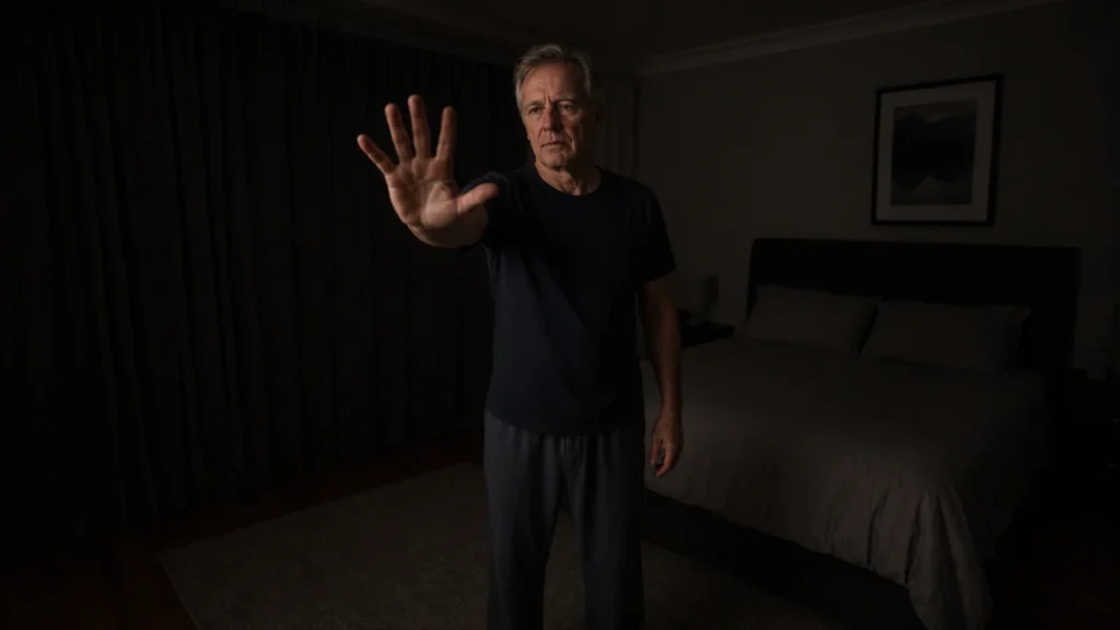 Man in his 50s extending hand in dark bedroom to test bedroom light sleep disruption.