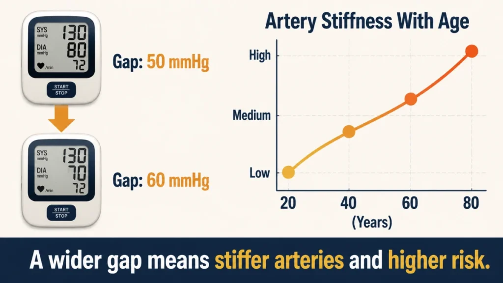 Comparison diagram of blood pressure monitor readings demonstrating how a widening pulse pressure gap from 50 to 60 mmHg reflects higher arterial stiffness over time, with a simplified age risk graph and bold takeaway banner.