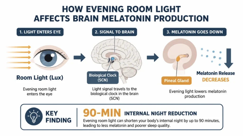 Horizontal flow diagram of room light impact on brain pathways demonstrating melatonin suppression and a 90-minute reduction in biological night length, with directional arrows.
