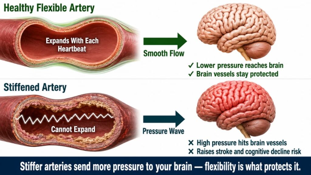 Side-by-side medical illustration of arterial pressure transmission demonstrating how a flexible artery delivers smooth flow to a healthy brain while a rigid artery transmits high-pressure waves to a stressed brain, with labeled cutaways and directional arrows.