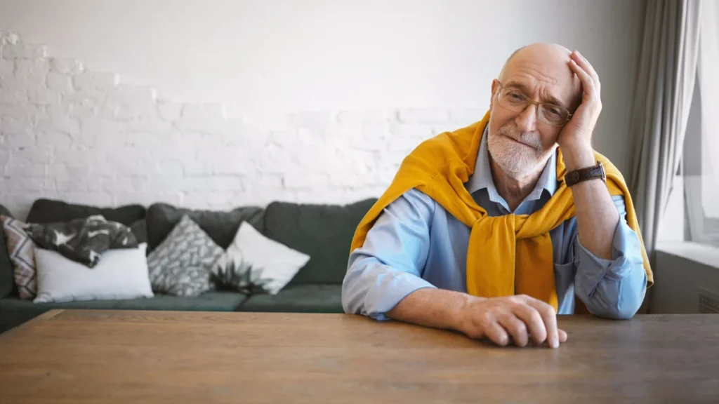 Mature man leaning his head on his hand at a wooden table, reflecting calmly to manage age-related fatigue.