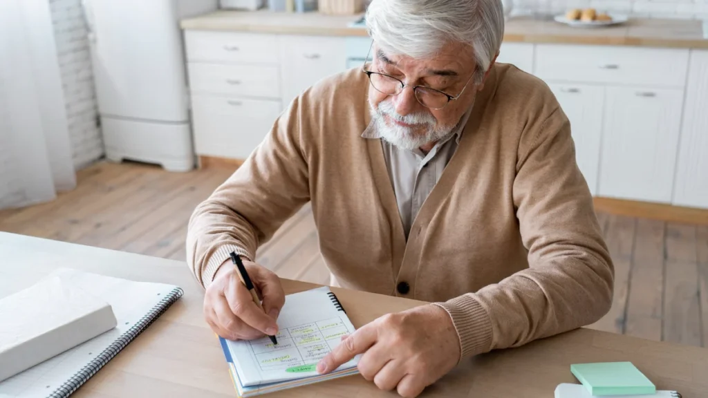 Focused man pointing at a grid journal to calculate his exercise recovery time after 50.