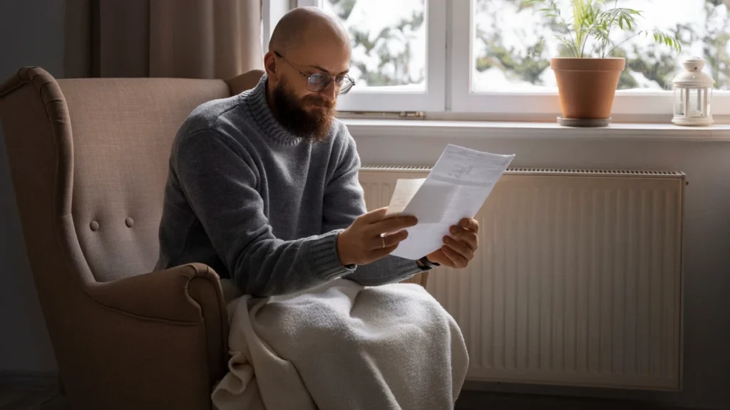 Mature man wearing glasses reviews a medical document to understand his personal health metrics.