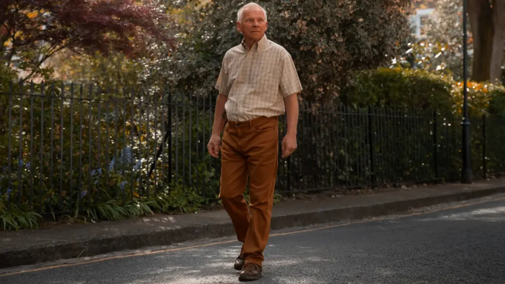 Older man mid-stride on an autumn walkway observing his pace for walking speed brain health connections.