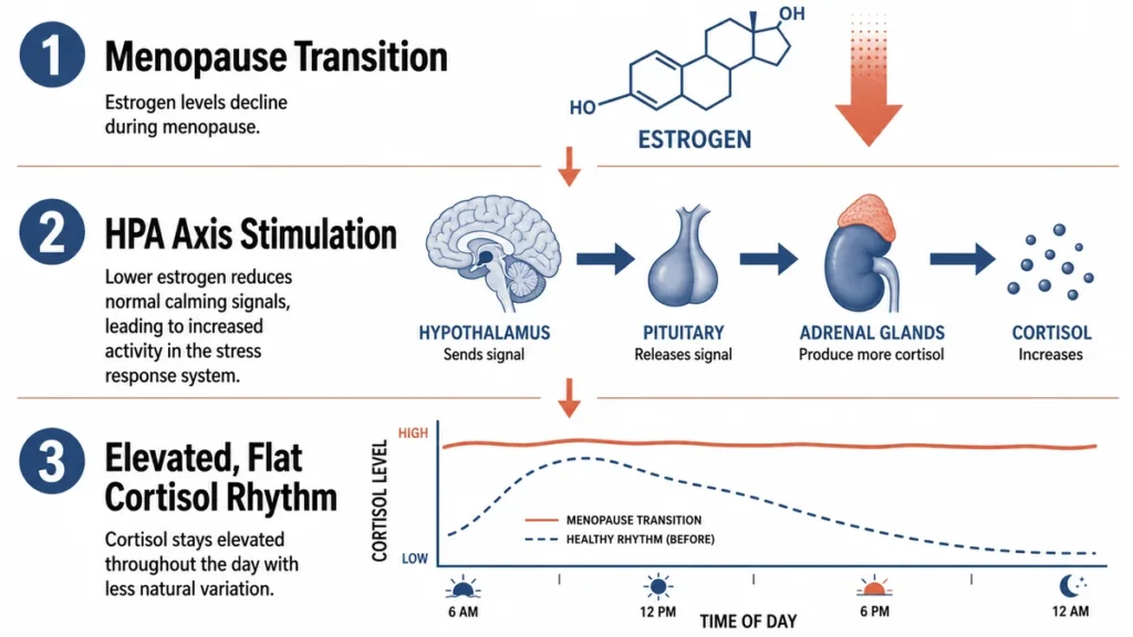 Three-step medical illustration of the HPA axis pathway demonstrating how menopausal estrogen decline creates a flattened daily hormone curve, with clear process arrows and a comparative line graph.
