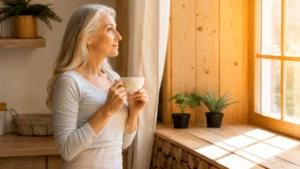Thoughtful mature woman holding a ceramic mug by a bright window in morning light to help manage cortisol after 50.