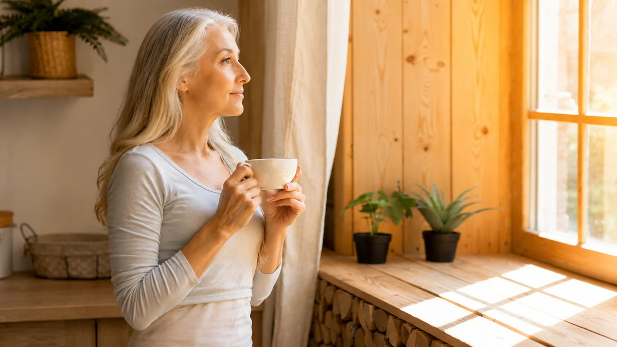 Thoughtful mature woman holding a ceramic mug by a bright window in morning light to help manage cortisol after 50.
