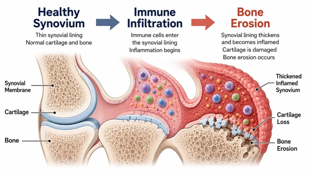 Medical illustration of a joint cross-section demonstrating the progressive shift from healthy synovium to immune cell infiltration and severe bone erosion, with clear structural callout labels and directional flow arrows.