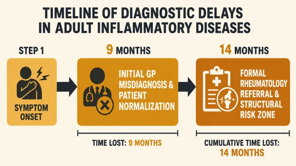 Timeline block chart mapping diagnostic delays in adult inflammatory diseases, tracking a nine-month initial misdiagnosis phase up to a fourteen-month cumulative specialist referral window.